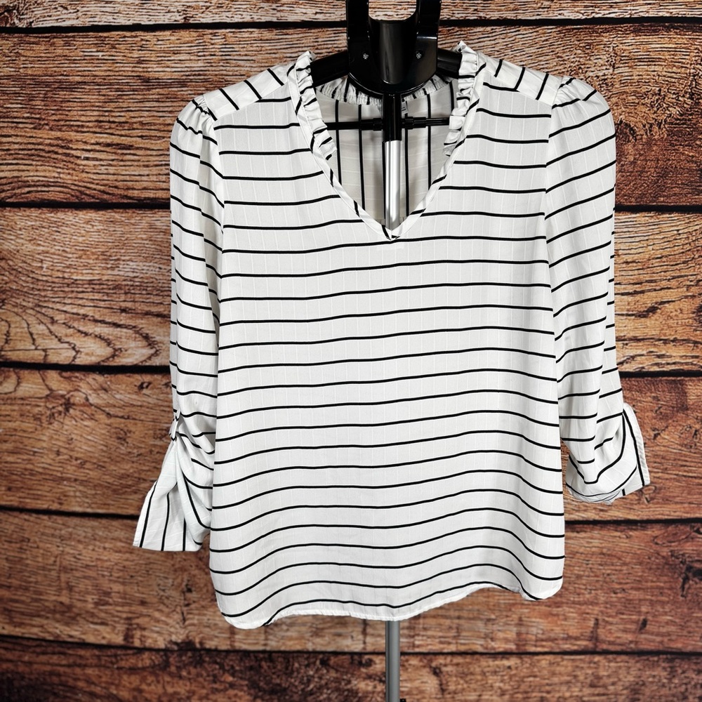 White Black Striped Ruffle V-Neck‎ Roll Tab Sleeve Blouse Top